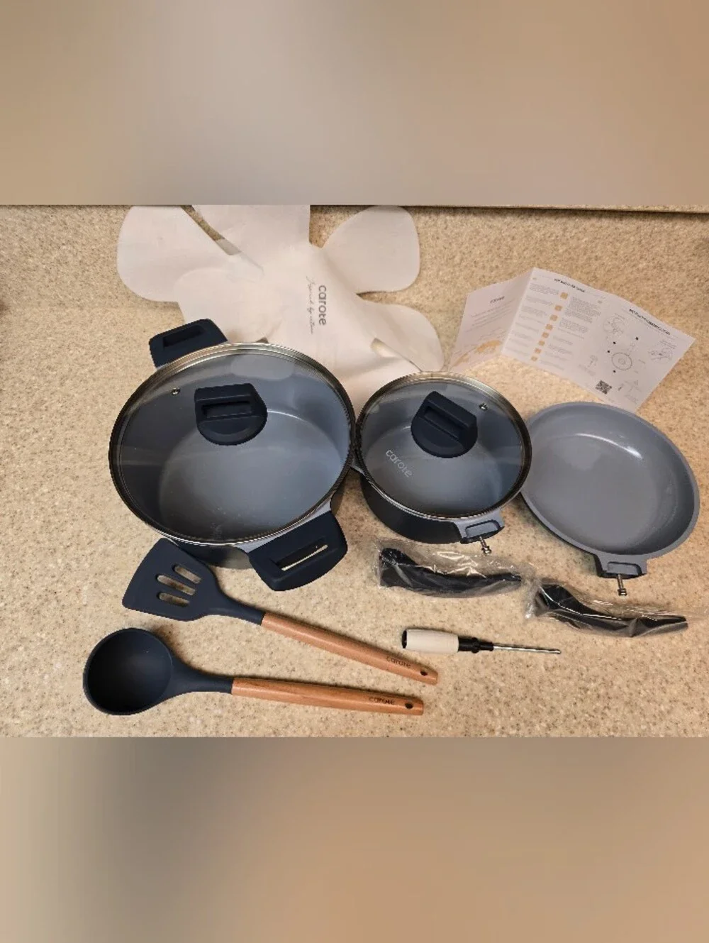 New 3 piece Carote with 2 lids, pot protectors and utensils